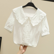 娃娃领衬衫女长袖2023秋季甜美镂空蕾丝大翻领白衬衣(白衬衣)上衣小衫