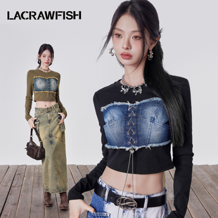 lacrawfish美式复古辣妹牛仔，拼接毛边链条，绑带修身长袖短t恤女