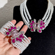 欧美紫色蝴蝶镶钻珍珠项链，手链高级感优雅首饰套装时尚重工项饰女