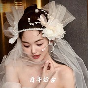 2023新娘结婚花朵头纱，头饰森系唯美复古婚纱摄影拍照领证造型