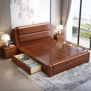 中式实木床18米胡桃木床现代简约主卧双人床15米单人床储物婚床