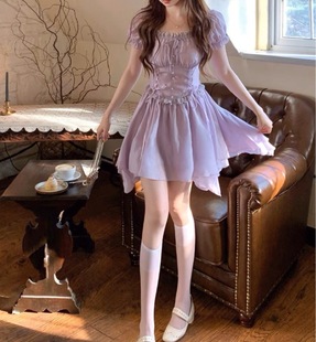 3018夏纯色拼接韩式波点紫色吊带型日单短裙气质通勤高腰连衣裙