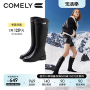 康莉真皮长靴女2023年冬季头层牛皮加绒粗跟时尚长筒骑士靴