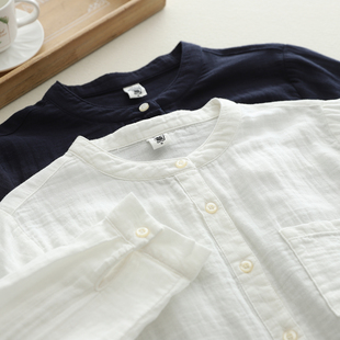 日系经典小立领单口袋(单口袋，)双层纱衬衫，百搭文艺纯色婴儿纱女装上衣衬衫