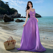 法式复古设计感褶皱，吊带雪纺紫色吊带大摆长裙，超仙海边旅拍连衣裙