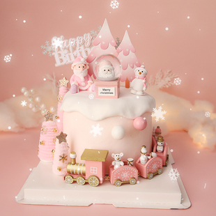 烘焙蛋糕装饰粉色系圣诞水晶球，摆件网红木质，小火车甜品装扮插件