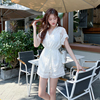 YESJING点点原创设计夏季白色简约清爽时尚雪纺拼接蕾丝套装