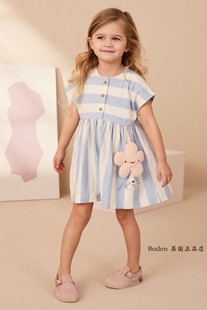 next女童连衣裙2024夏季蓝白色条纹纯棉短袖儿童，裙3月-7岁