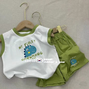 韩版童装男童夏装套装宝宝，时髦绿色短裤，儿童宝宝纯棉无袖背心t恤