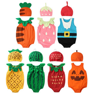 夏宝宝(夏宝宝)卡通，衣服水果造型连体衣，婴儿哈衣拍照带帽爬衣套装西瓜