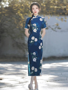 全开襟蓝色长款旗袍，改良2023女国风，复古气质高级感连衣裙夏季