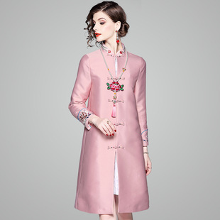 深圳女装中国风旗袍外套中式复古气质绣花长款唐装风衣80959