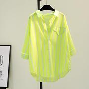 果绿条纹衬衫女2023秋季韩版蝙蝠袖中长款衬衣设计感上衣外套