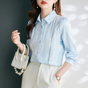 醋酸缎面衬衫女长袖设计感小众蕾丝雪纺上衣韩版气质时尚洋气衬衣