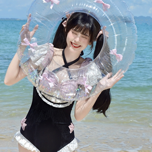 原创设计《悸动》黑粉波点连体游泳装可爱少女蝴蝶结氛围感泳衣