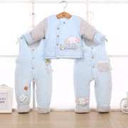 冬季0-1岁新生儿婴儿棉衣，套装纯棉3-6月宝宝棉袄，背带裤三件套加厚