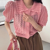 韩国chic夏季法式甜美娃娃领镂空提花宽松休闲百搭泡泡袖针织衫女