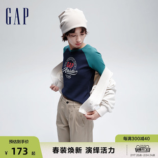 Gap女装2024春季logo撞色拼接插肩袖花边长袖T恤女友T888456