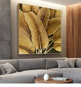 手绘入户玄关油画东南亚风格装饰画金铂植物芭蕉叶客厅走廊有框画
