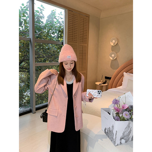 杨杨YANGRUOYU粉色皮衣外套女2023秋季夹克小众高级感西装女