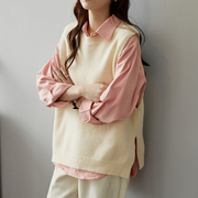 衬衫搭配马甲针织背心，女秋冬粉色，女款圆领套头毛衣衬衣两件套秋装