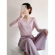 紫色针织开衫女薄款外搭长袖打底衫夏季防晒衣小个子正肩短款上衣