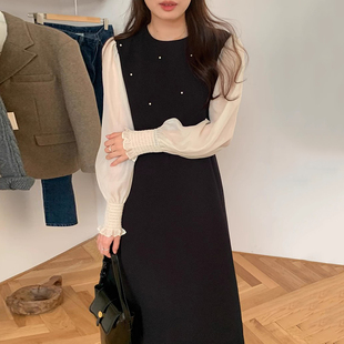 韩国chic秋季优雅气质圆领假两件钉珠点缀设计感收腰显瘦连衣裙女
