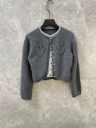 欧美小众 设计师款假两件套针织羊毛设计灰色短款小开衫 长袖外套