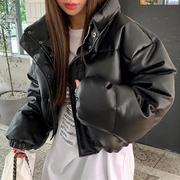 韩国chic冬季复古帅气立领，拉链式pu皮，宽松百搭长袖短款棉服外套女