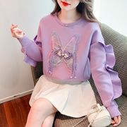 法式小香风卫衣女2024早春气质减龄紫色蝴蝶结小个子外穿上衣