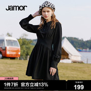 jamor连衣裙春装女装黑色连衣裙女收腰褶小众设计a字版型