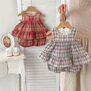24韩版夏季衣服婴儿套装女宝宝格子背心+短裤分体两件套洋气夏装