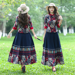 唐装女装中国风复古中式盘扣改良旗袍式上衣，民族风棉麻套装两件套