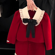 韩国童装女童毛呢套装秋冬洋气，过年服加绒红色，外套背心裙两件套潮