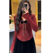 丝绒半身长裙搭配的上衣针织打底衫独特设计感蝴蝶结红色毛衣秋冬