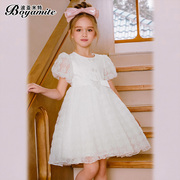 女童白色公主裙夏装，2023儿童洋气连衣裙小女孩，泡泡袖花朵纱裙