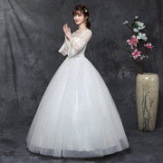 大码婚纱胖2023一字肩中袖韩式新娘结婚纱，齐地大码显瘦秋冬钻
