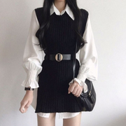 韩国chic秋季气质，设计感小众衬衫两件套装女不规则收腰针织连衣裙