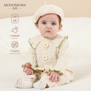 modomoma新生婴儿衣服春装公主女宝洋气毛线造型花朵针织棉线爬服