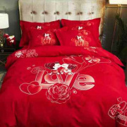传统大红色婚庆四件套纯棉，20米全棉4件套，被罩玫瑰花床单婚房婚被