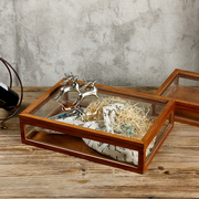 复古透明带盖展示木盒桌面木质收纳盒玻璃盒整理盒防尘化妆品方形