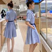 竖条纹连衣裙女2021年夏季甜美小个子气质减龄衬衫领裙子夏装