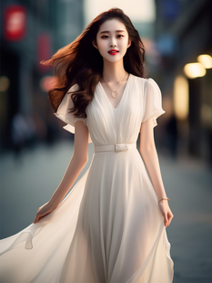 送皮带法式气质女神范设计感白色仙女雪纺连衣裙子夏季