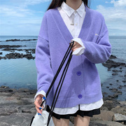 日系学院浅紫色毛衣女(毛衣女)香芋，紫ins少女超仙，洋气软糯v领针织开衫外套