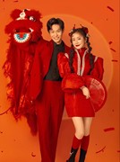 情侣主题服装新年红色连衣裙，写真艺术照节目年会主持舞台礼服