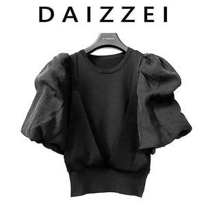 daizzei-2022夏宫廷(夏宫廷)风收腰显瘦假两件灯笼袖针织衫t恤女上衣