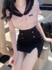 夏纯欲辣妹jk制服套装设计感开叉性感包臀裙+海军领粉色短袖衬衫