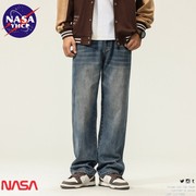 NASA春秋款美式复古水洗牛仔裤男宽松直筒潮牌高街阔腿休闲长裤子