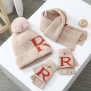 秋冬儿童帽子围巾手套三件套加绒围脖，宝宝毛线帽，套装保暖帽男女潮