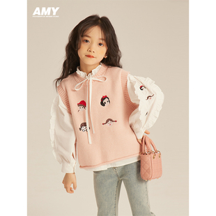 Amybaby女童针织背心2024儿童卡通洋气时髦马甲衬衣两件套